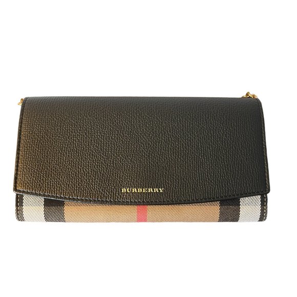 Burberry Henley Check Chain Crossbody Wallet Bag Leather & Fabric Black - Picture 2 of 13